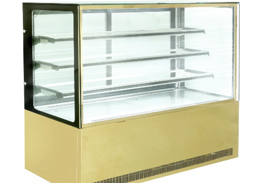 ثلاجة عرض الكيك 150 سم مربعة اللون ذهبي 2 رف