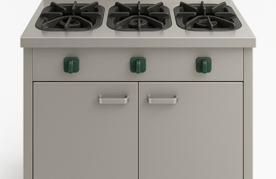 commercial-grade stainless steel gas range features 3 powerful burners
