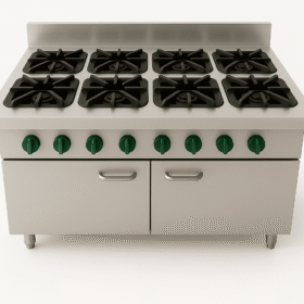 commercial-grade stainless steel gas range features 8 powerful burners