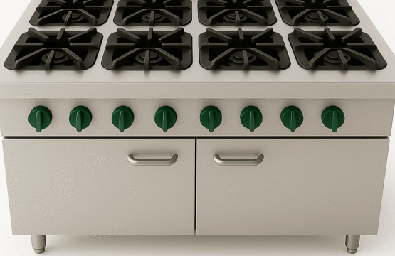 commercial-grade stainless steel gas range features 8 powerful burners