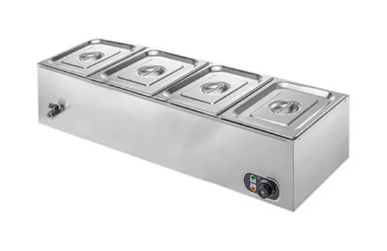 باين ماري تجاري، سخان طعام كهربائي بقوة 1500 واط، طاولة بخار من ستانليس ستيل للتحكم في درجة الحرارة مع أغطية، صنبور تصريف، حاويات GN 1/4 - 150 مم × 4