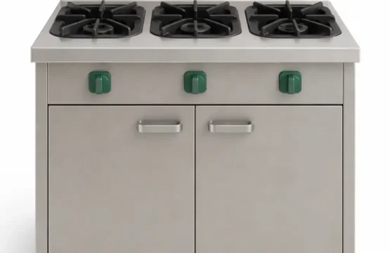 commercial-grade stainless steel gas range features 3 powerful burners