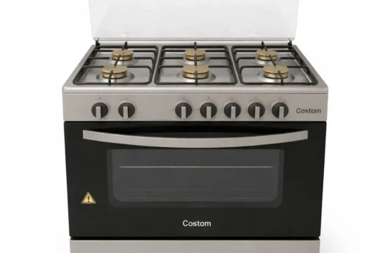 Costom 6-Burner Freestanding Gas Cooker with Auto Ignition – Stainless Steel and Glass Lid