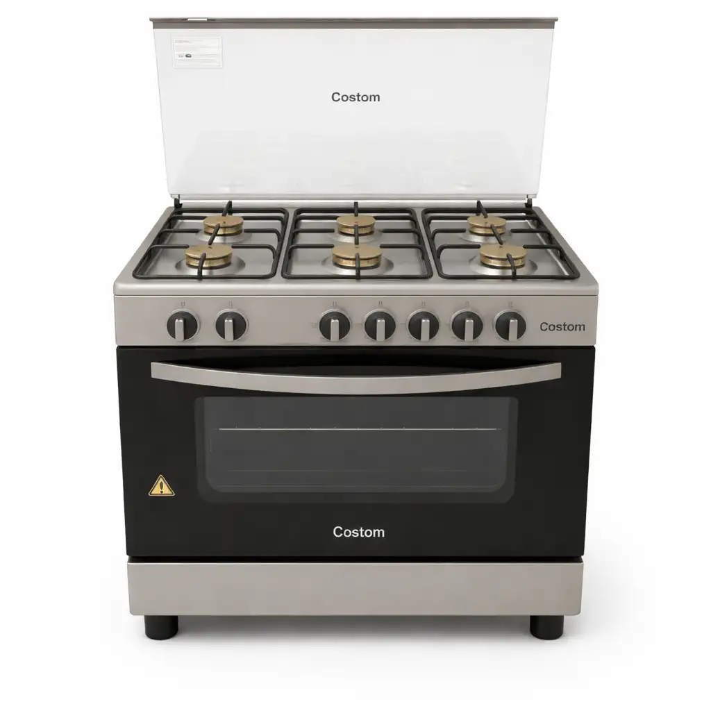 mizco.prod_90 طباخ غاز كوستم قائم بذاته بـ 6 شعلات مع إشعال ذاتي وغطاء زجاجي – ستانلس ستيل - Image 1