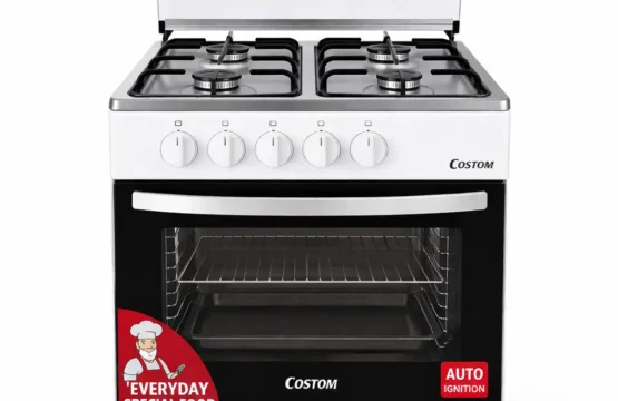 طباخ غاز 4 شعلات مع غطاء زجاجي و إشعال ذاتي – أبيض / ستانلس ستيل