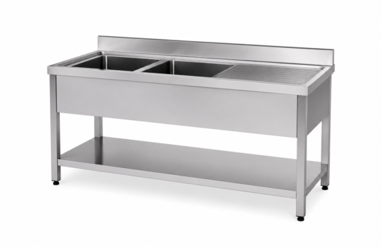 Double Bowl Stainless Steel Sink with Work Space – 160×60 cm